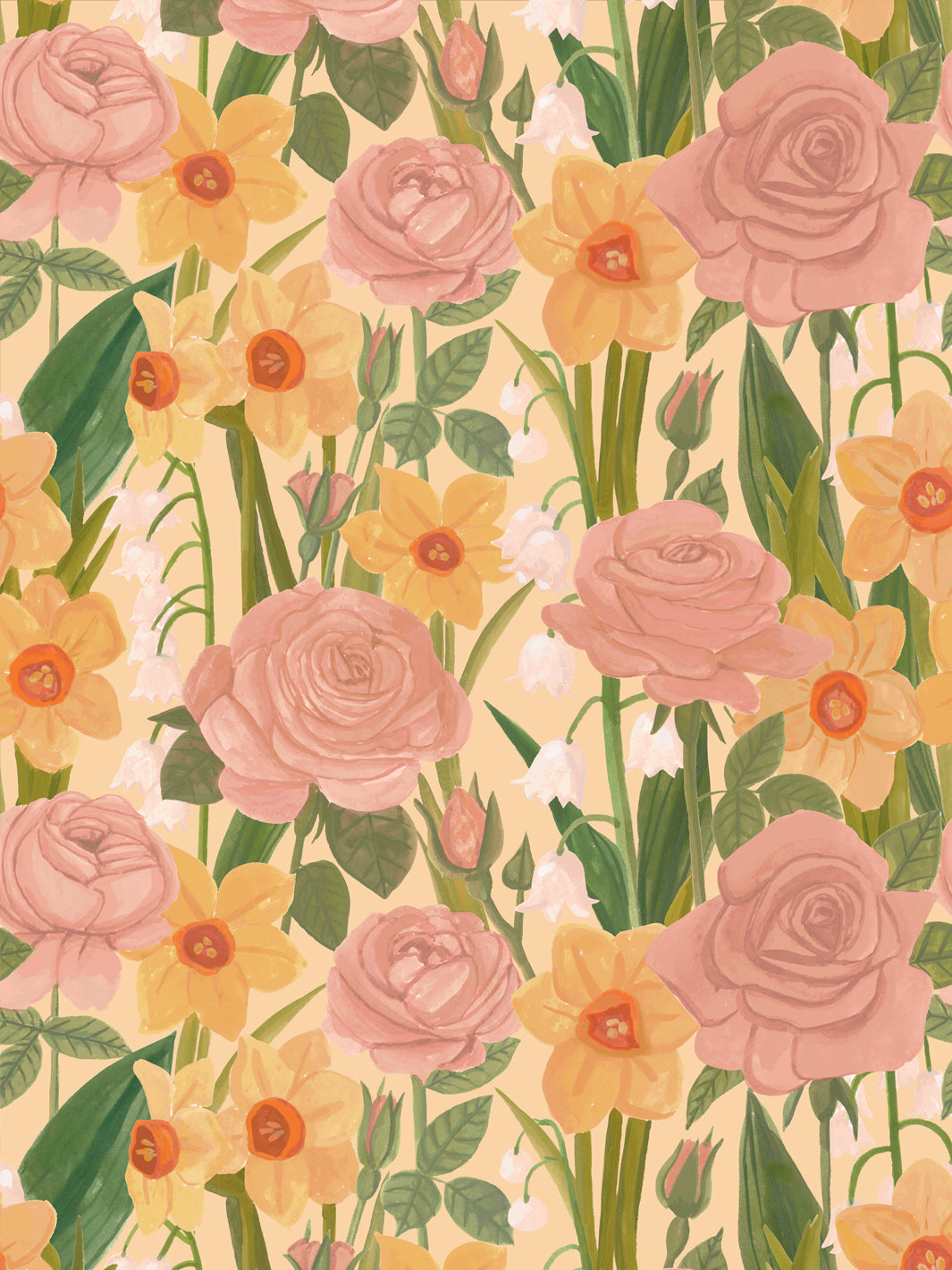 'Valley of Roses' Wallpaper in Soft Yellow - Design Pattern