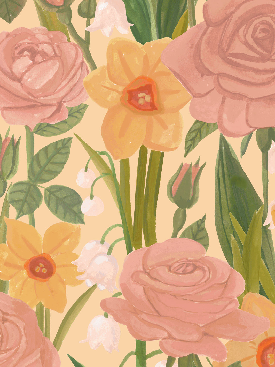 'Valley of Roses' Wallpaper in Soft Yellow - Detail Close-Up