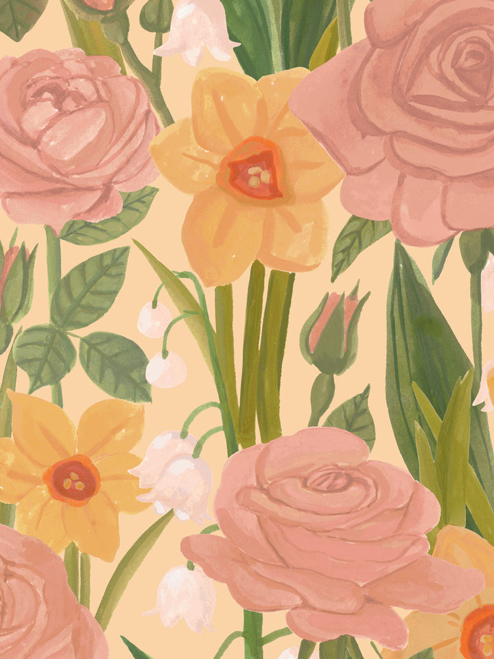'Valley of Roses' Wallpaper in Soft Yellow - Detail Close-Up