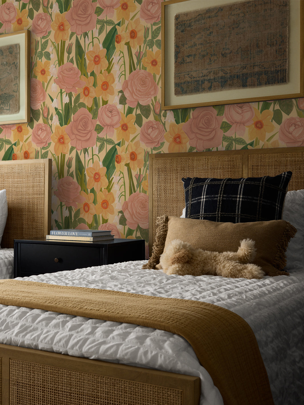 'Valley of Roses' Wallpaper in Soft Yellow - Room Scene