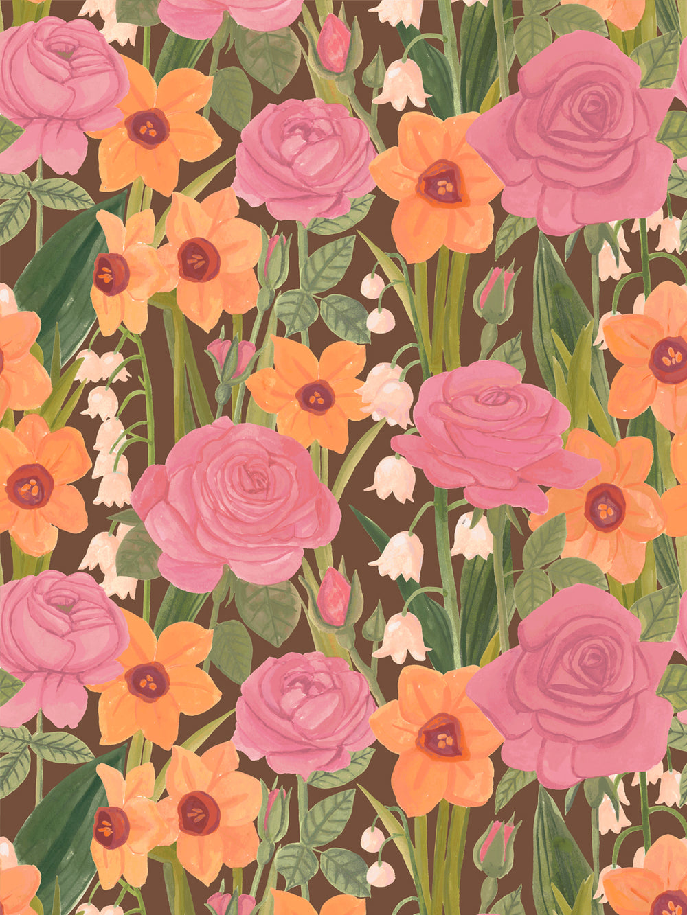 'Valley of Roses' Wallpaper in Terracotta Pink - Design Pattern