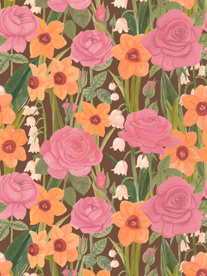 'Valley of Roses' Wallpaper by Wallshoppe - Terracotta Pink