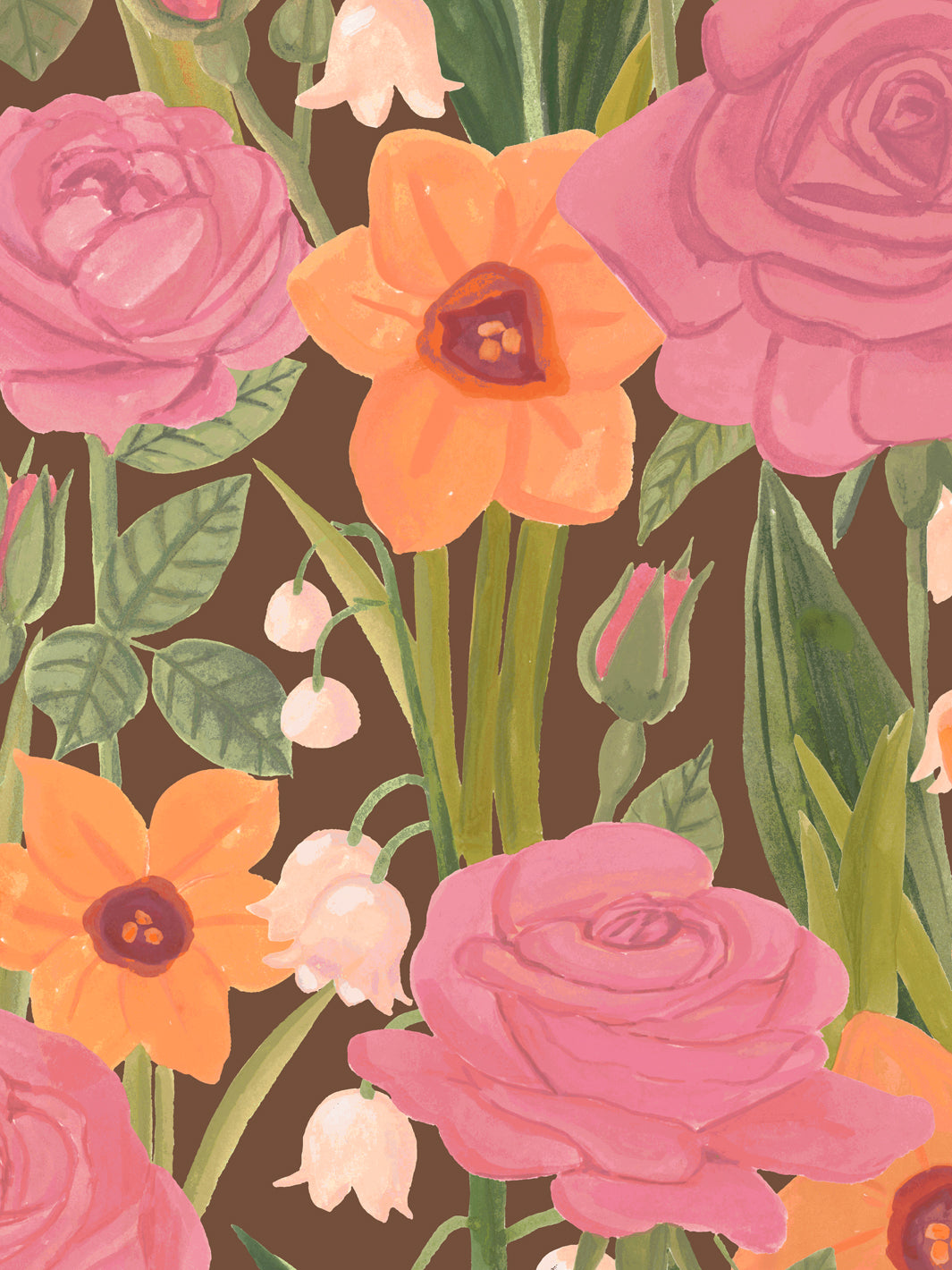 'Valley of Roses' Wallpaper in Terracotta Pink - Detail Close-Up