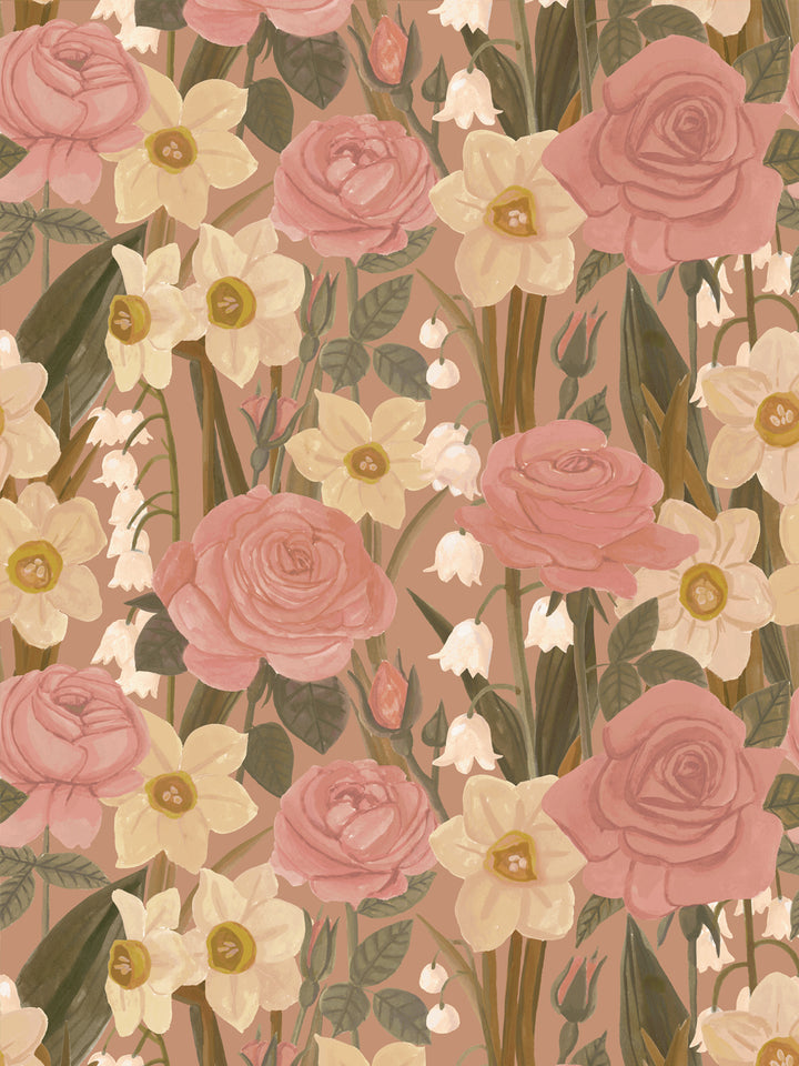 'Valley of Roses' Wallpaper in Vintage Rose - Design Pattern