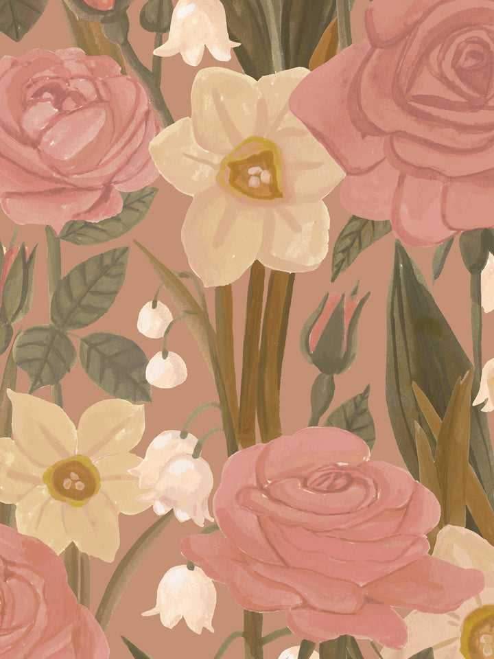 'Valley of Roses' Wallpaper in Vintage Rose - Detail Close-Up