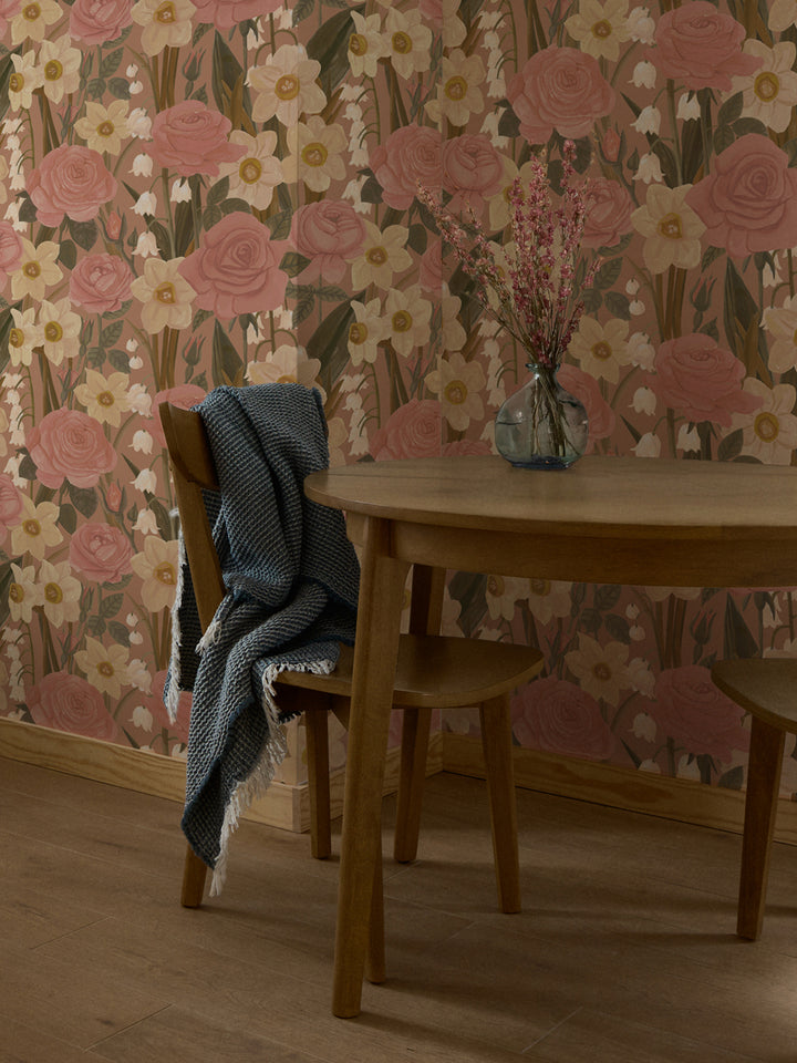 'Valley of Roses' Wallpaper in Vintage Rose - Room Scene