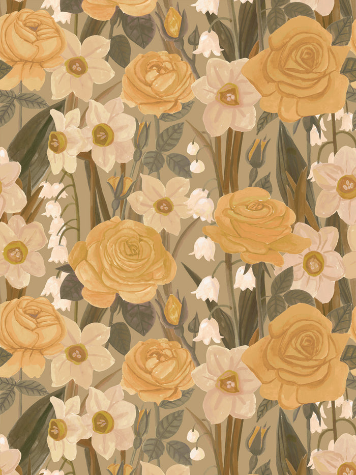 'Valley of Roses' Wallpaper by Wallshoppe - Vintage Yellow