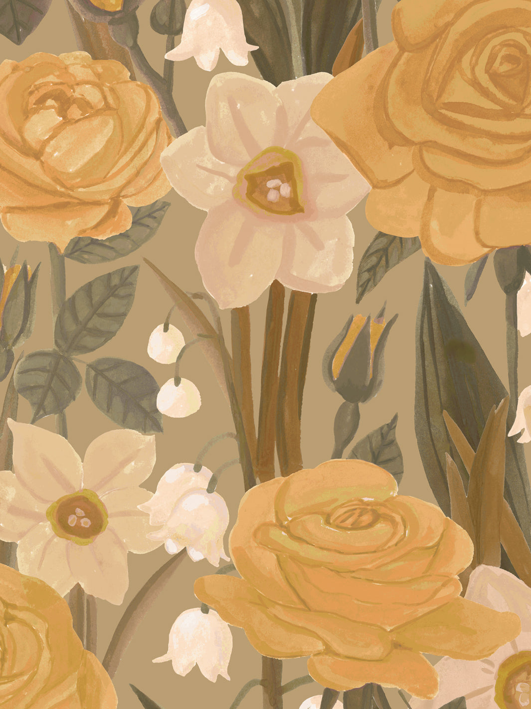 'Valley of Roses' Wallpaper in Vintage Yellow - Detail Close-Up