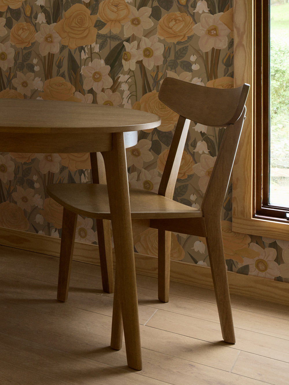 'Valley of Roses' Wallpaper in Vintage Yellow - Room Scene