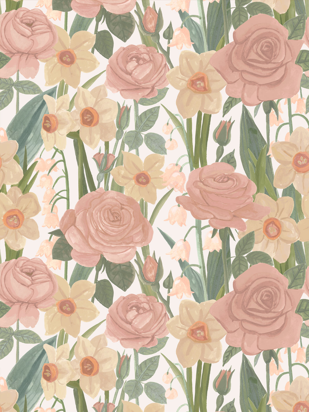 'Valley of Roses' Wallpaper in White Pastel - Design Pattern