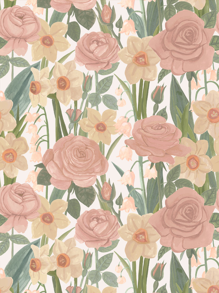 'Valley of Roses' Wallpaper in White Pastel - Design Pattern