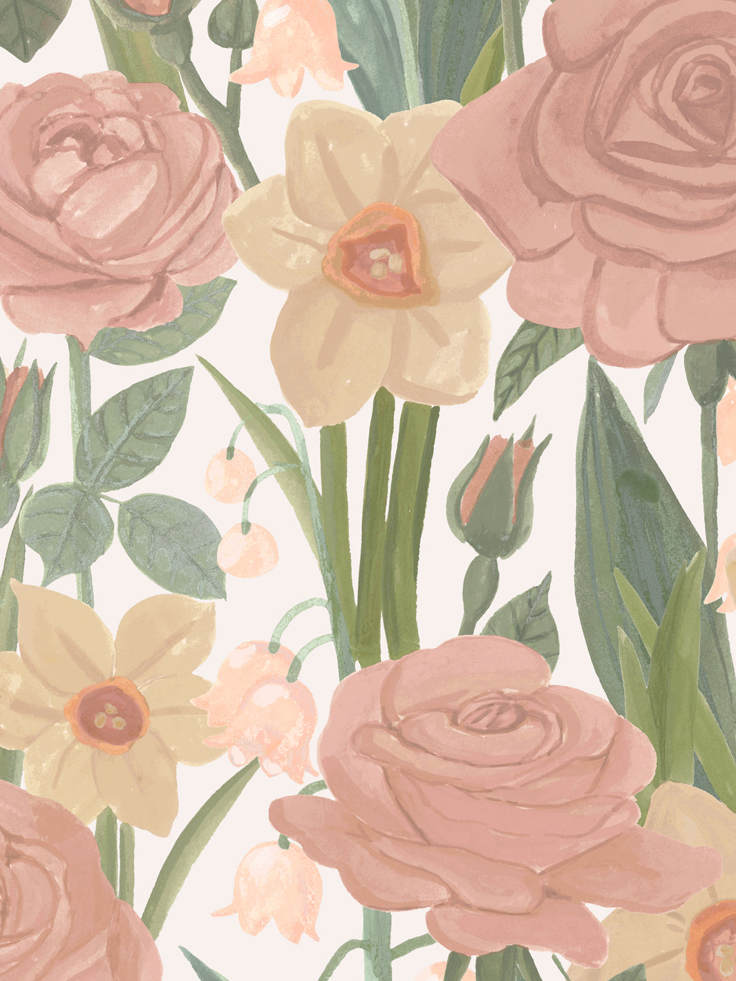 'Valley of Roses' Wallpaper in White Pastel - Detail Close-Up