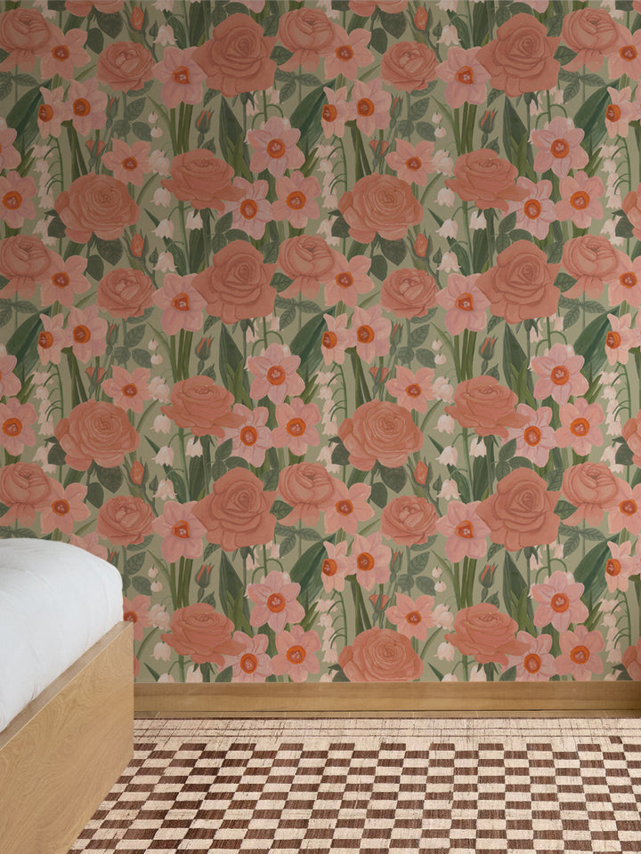'Valley of Roses' Wallpaper by Wallshoppe - Green Rose