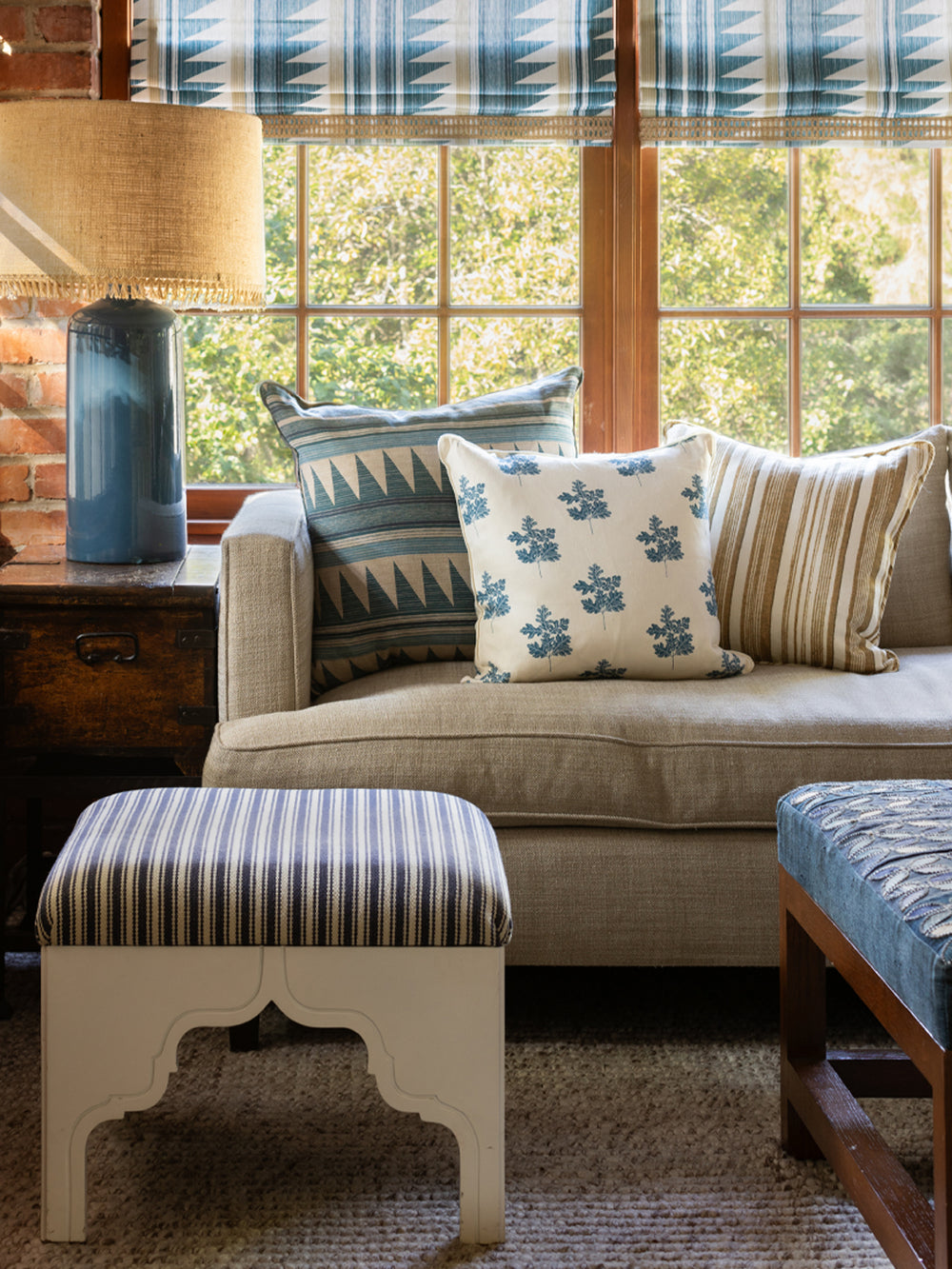valley oak leaf linen fabric by nathan turner darker blue