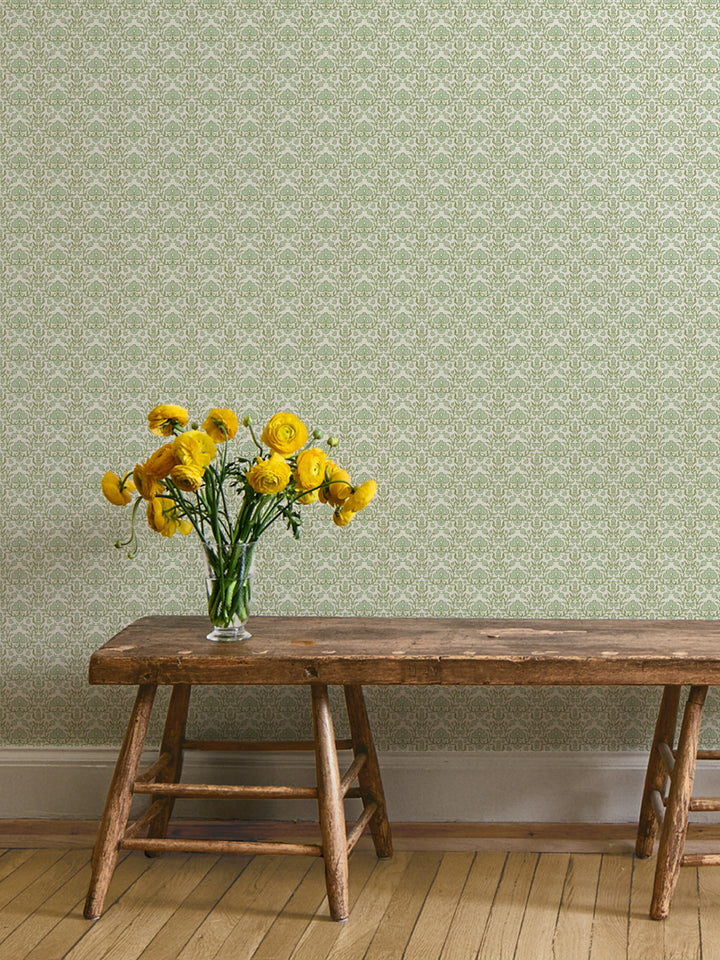 'Viola' Wallpaper by Wallshoppe - Olive Sage - Room Shot