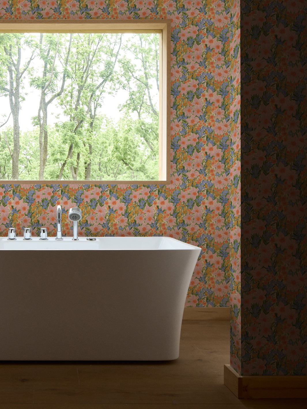 'Wild Bouquet' Wallpaper in Coral Pink - Room Scene
