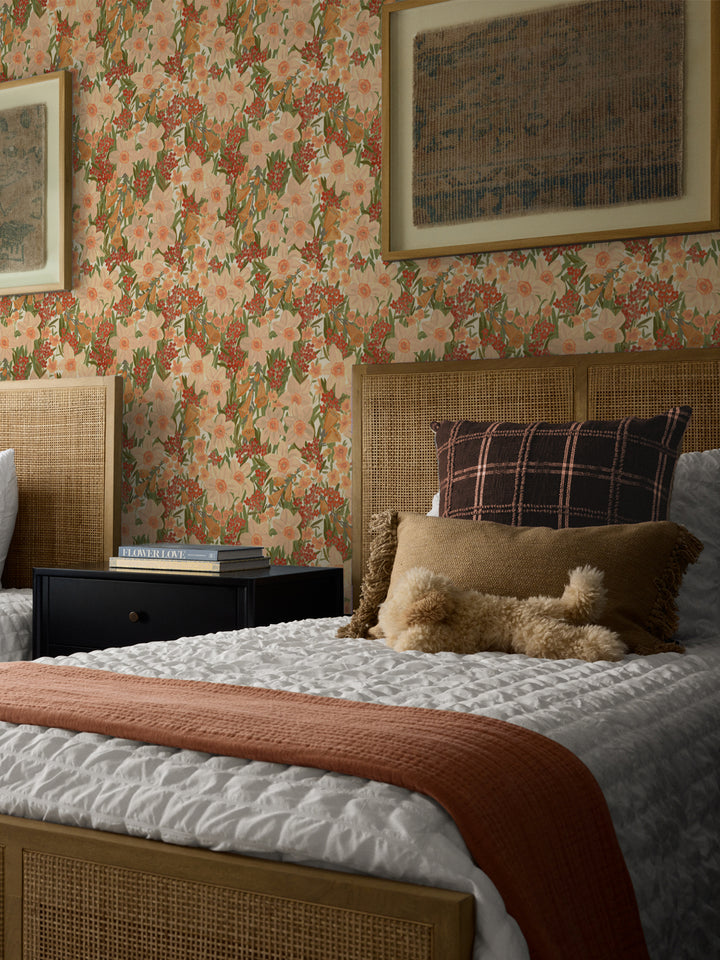 'Wild Bouquet' Wallpaper in Peach Poppy - Room Scene