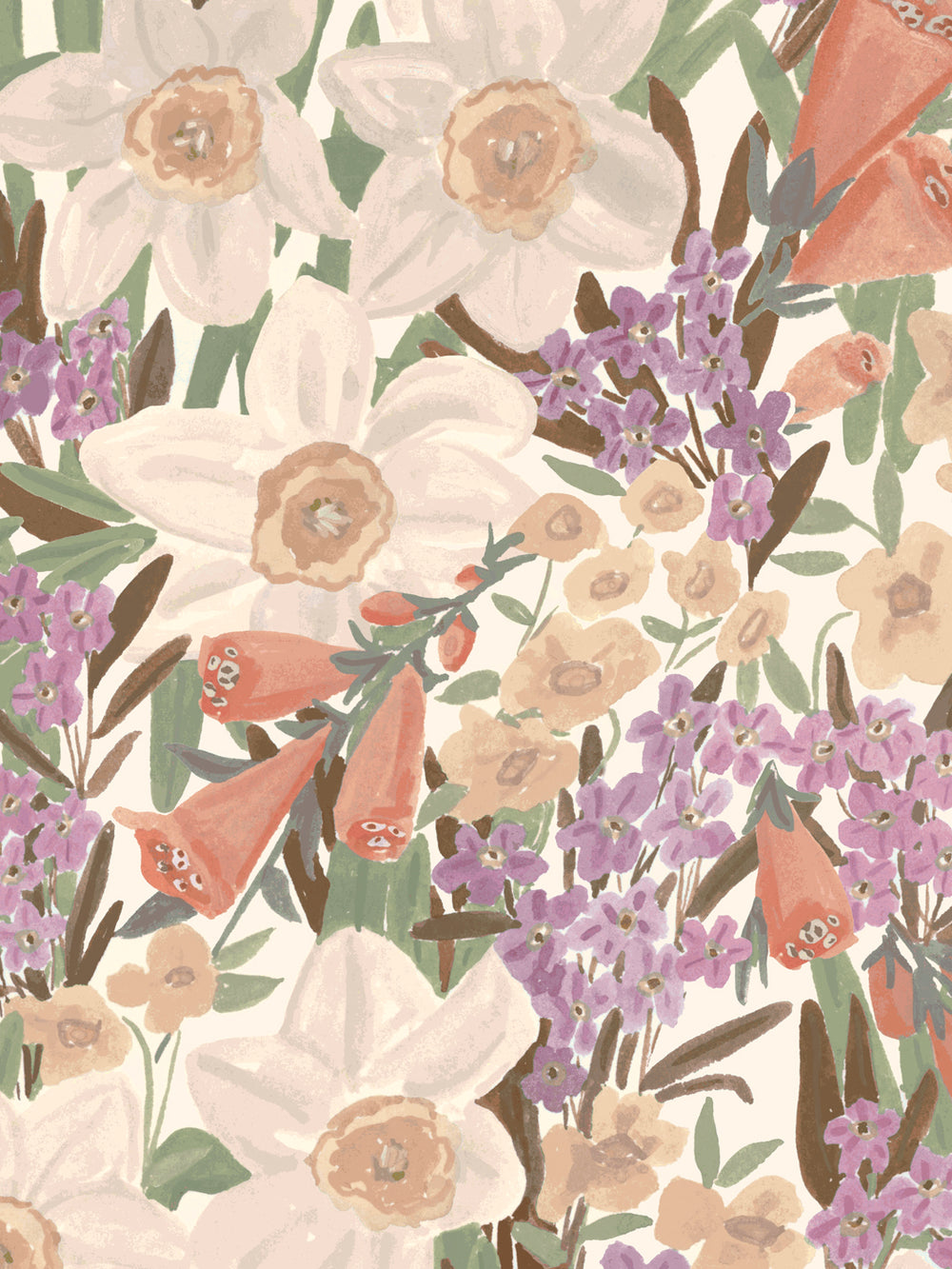 'Wild Bouquet' Wallpaper in Vintage Cream - Detail Close-Up