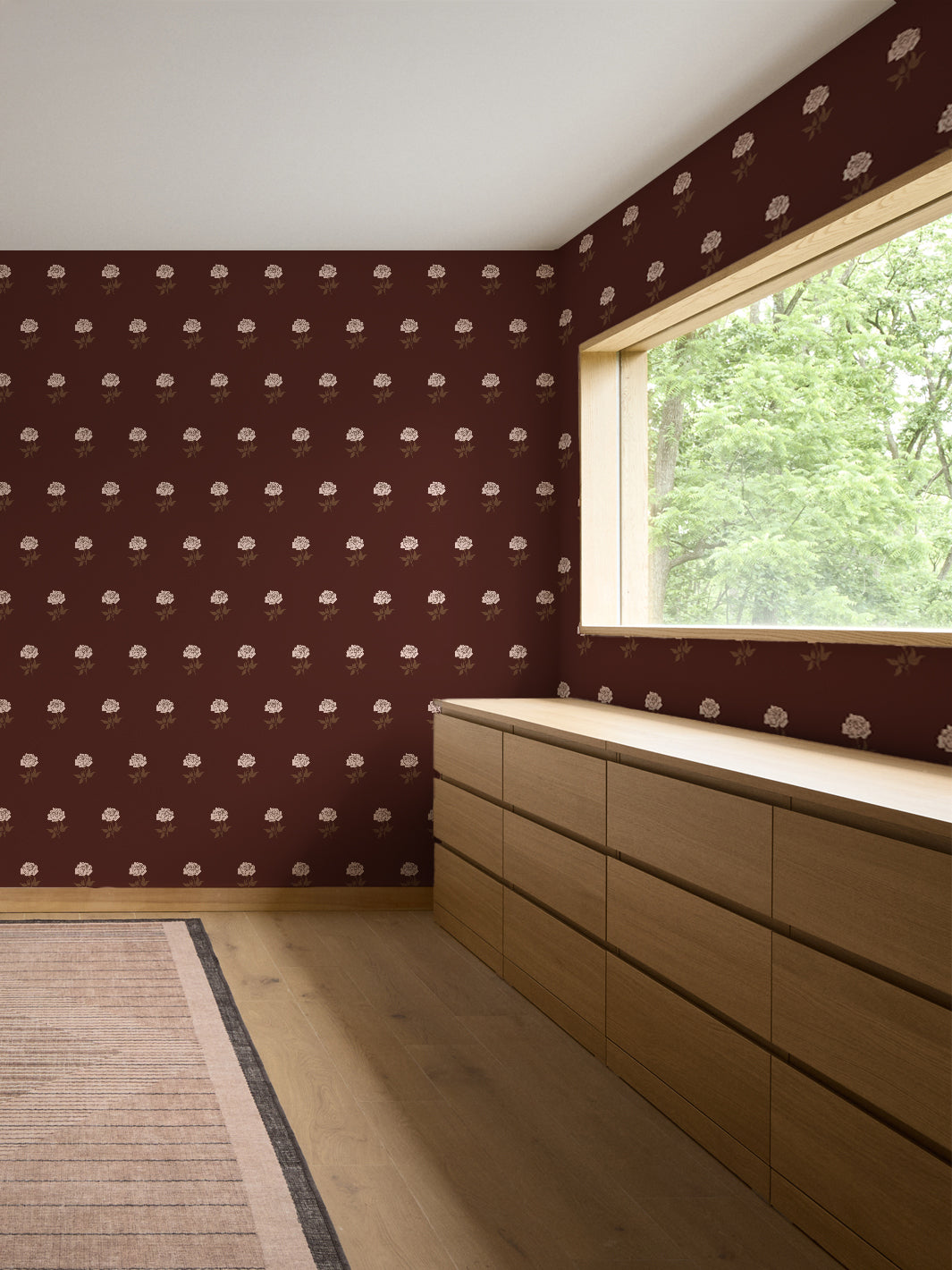 Wild Rosette Wallpaper in Bordeaux Bark - Room Scene