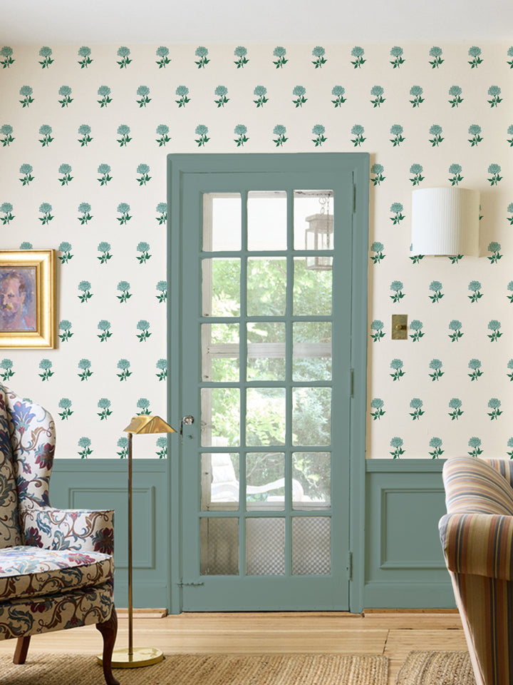 Wild Rosette Wallpaper in Lagoon Noir - Room Scene