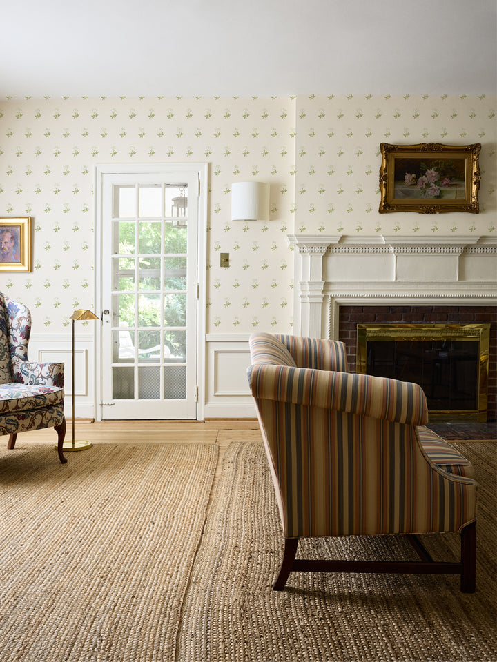 Wild Rosette Wallpaper in Mossy Cream - Room Scene