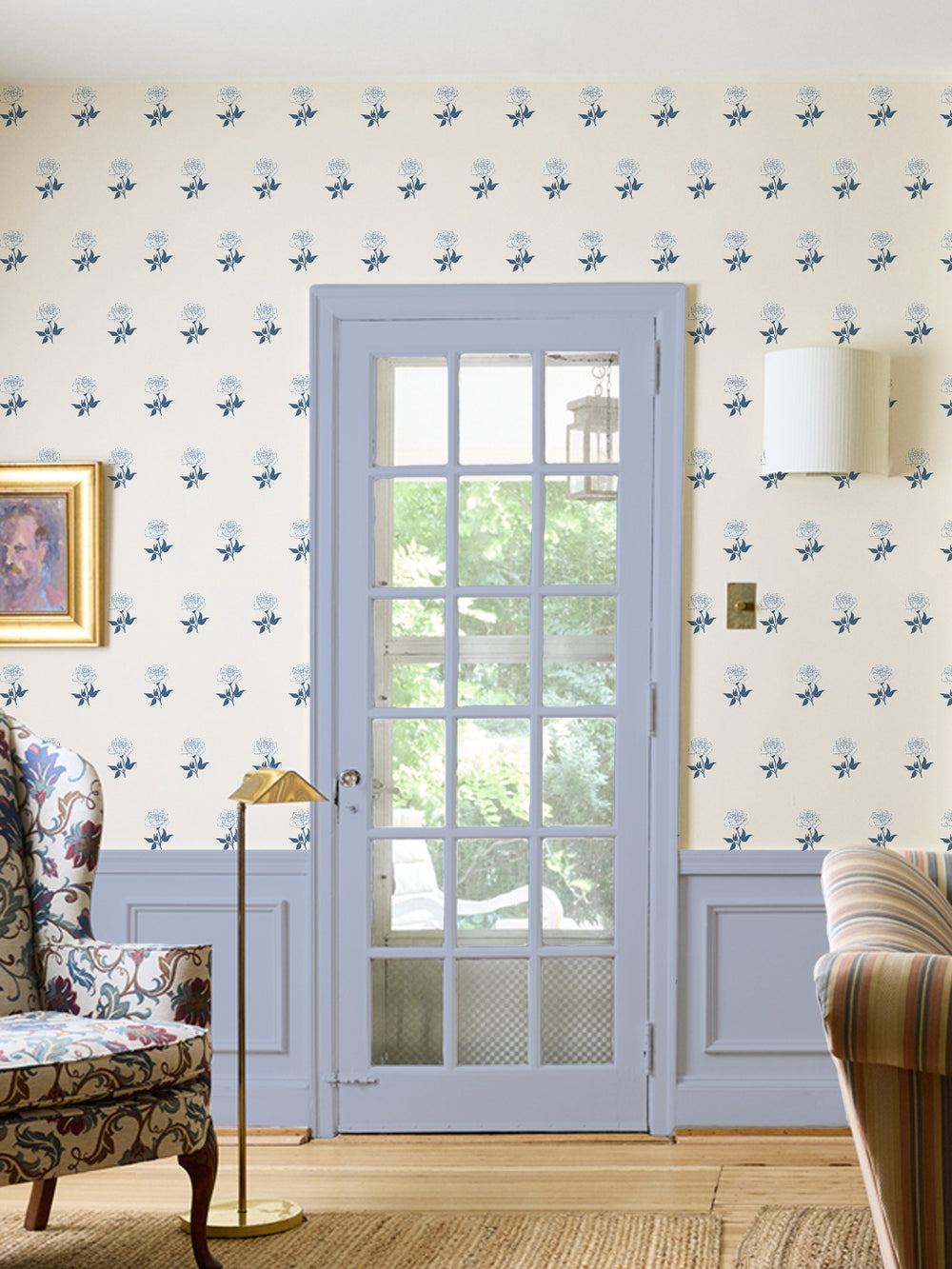 Wild Rosette Wallpaper in Navy Bisque - Room Scene