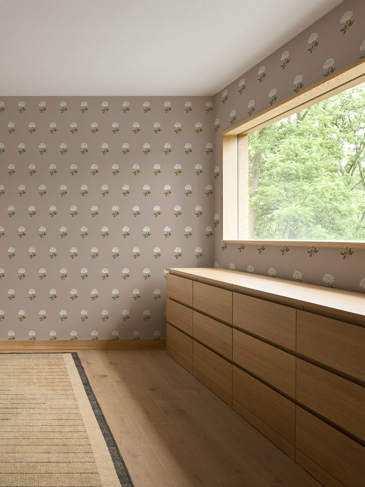 Wild Rosette Wallpaper in Olive Husk - Room Scene