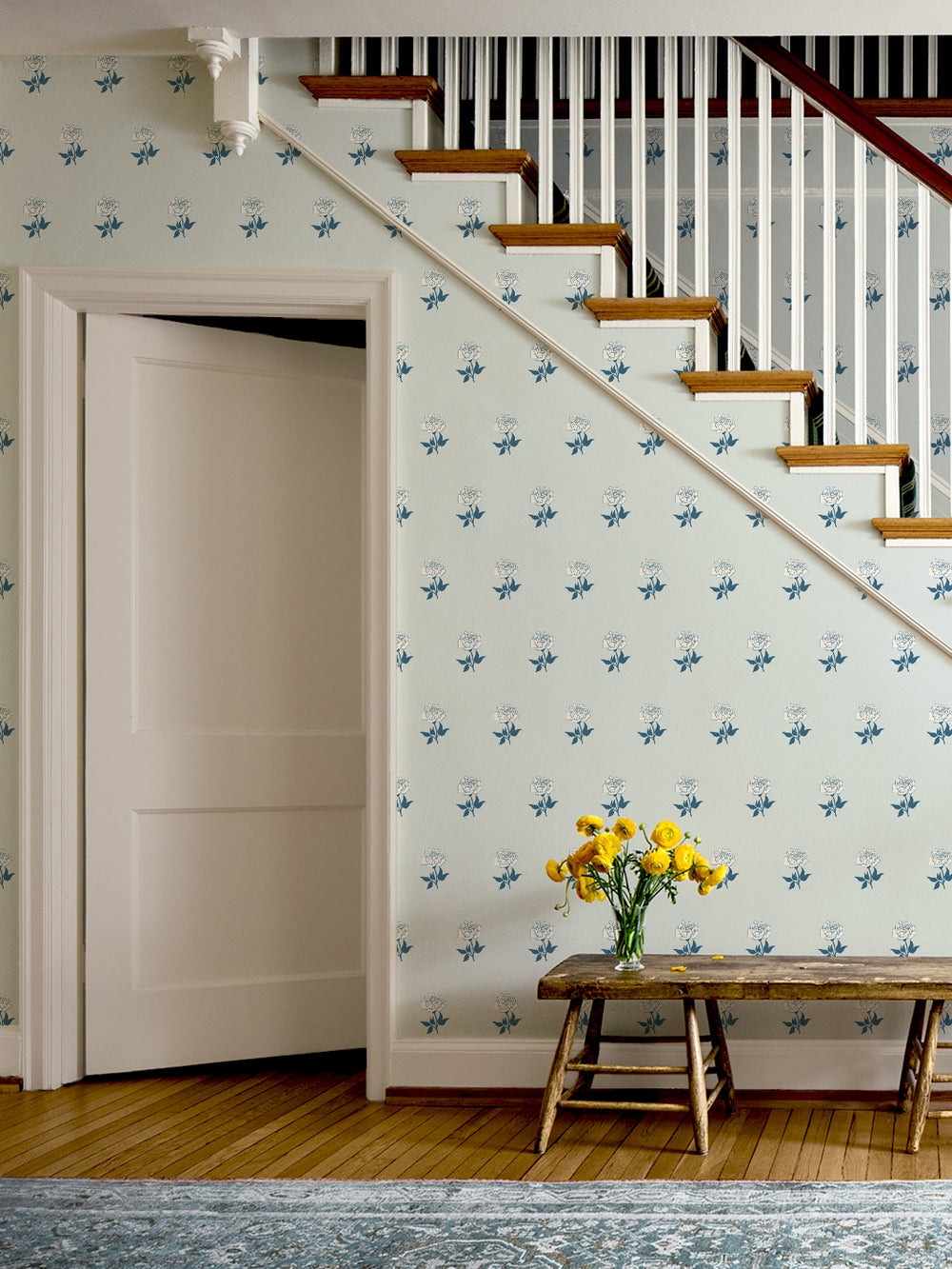 Wild Rosette Wallpaper in Powdered Navy - Room Scene
