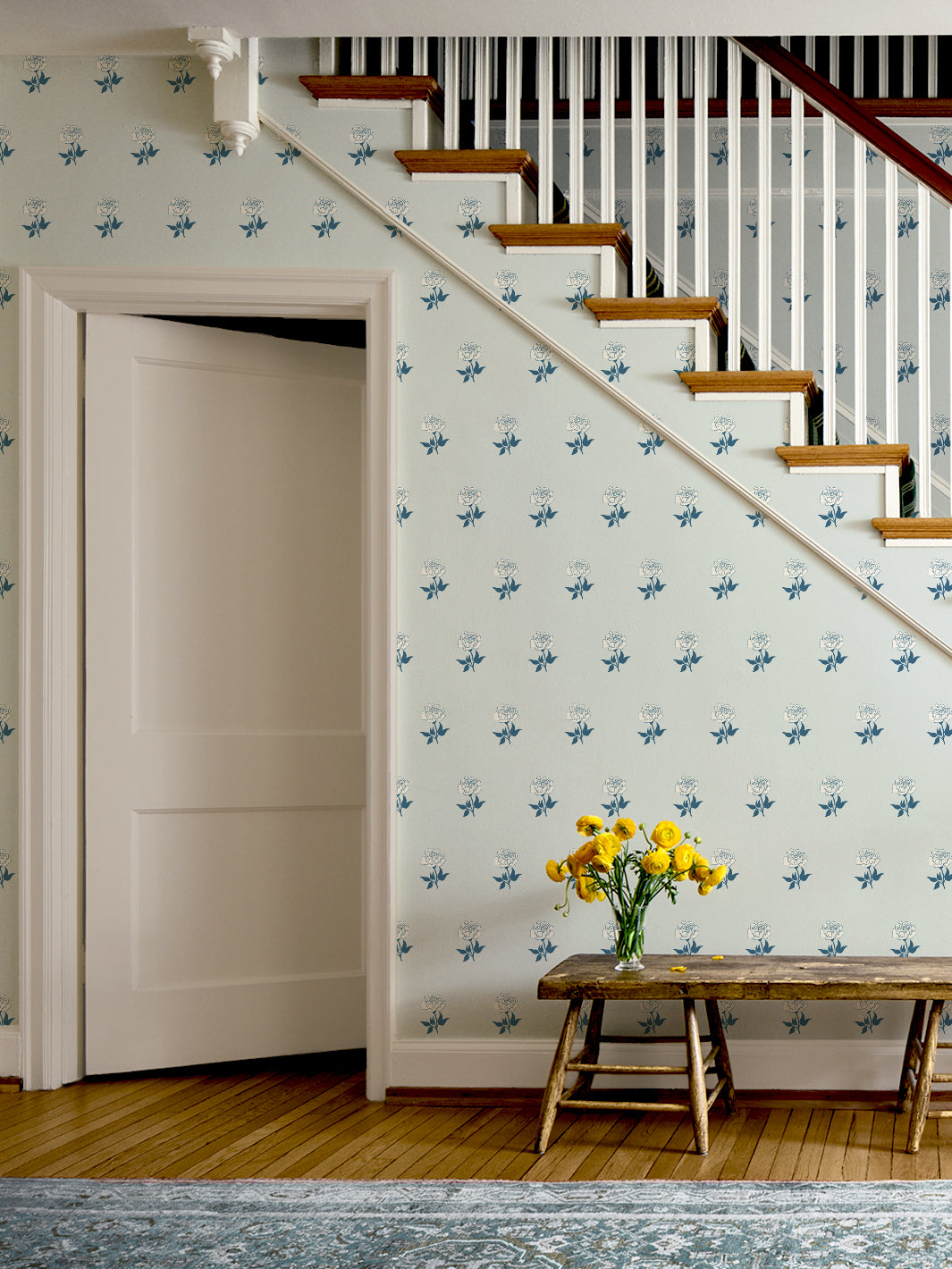 Wild Rosette Wallpaper in Powdered Navy - Room Scene
