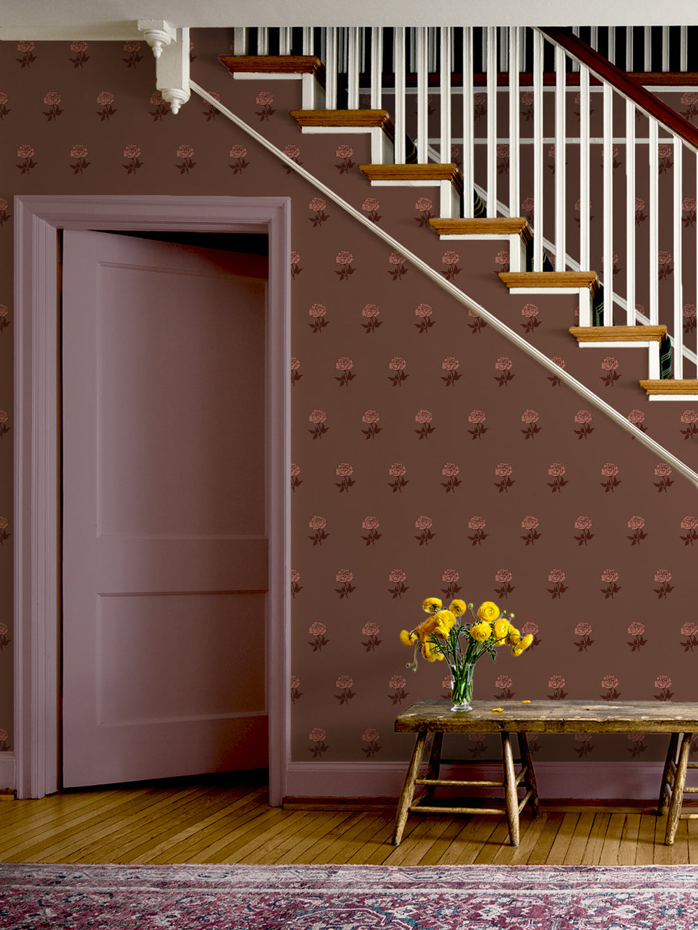 Wild Rosette Wallpaper in Terracotta Merlot - Room Scene