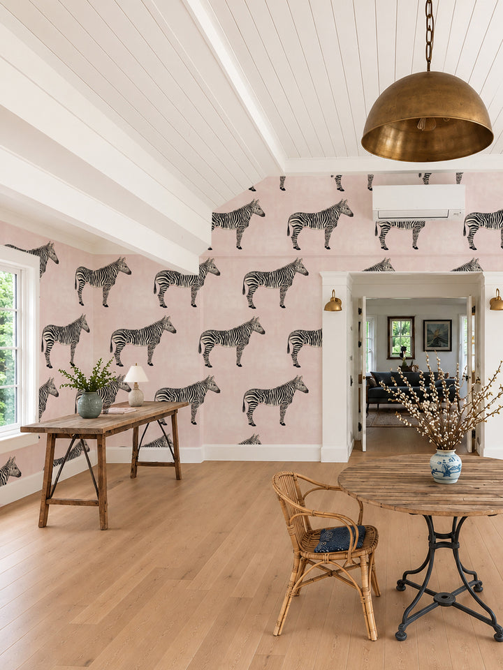 Blush zebra wallpaper with repeating black-and-white stripe animal pattern