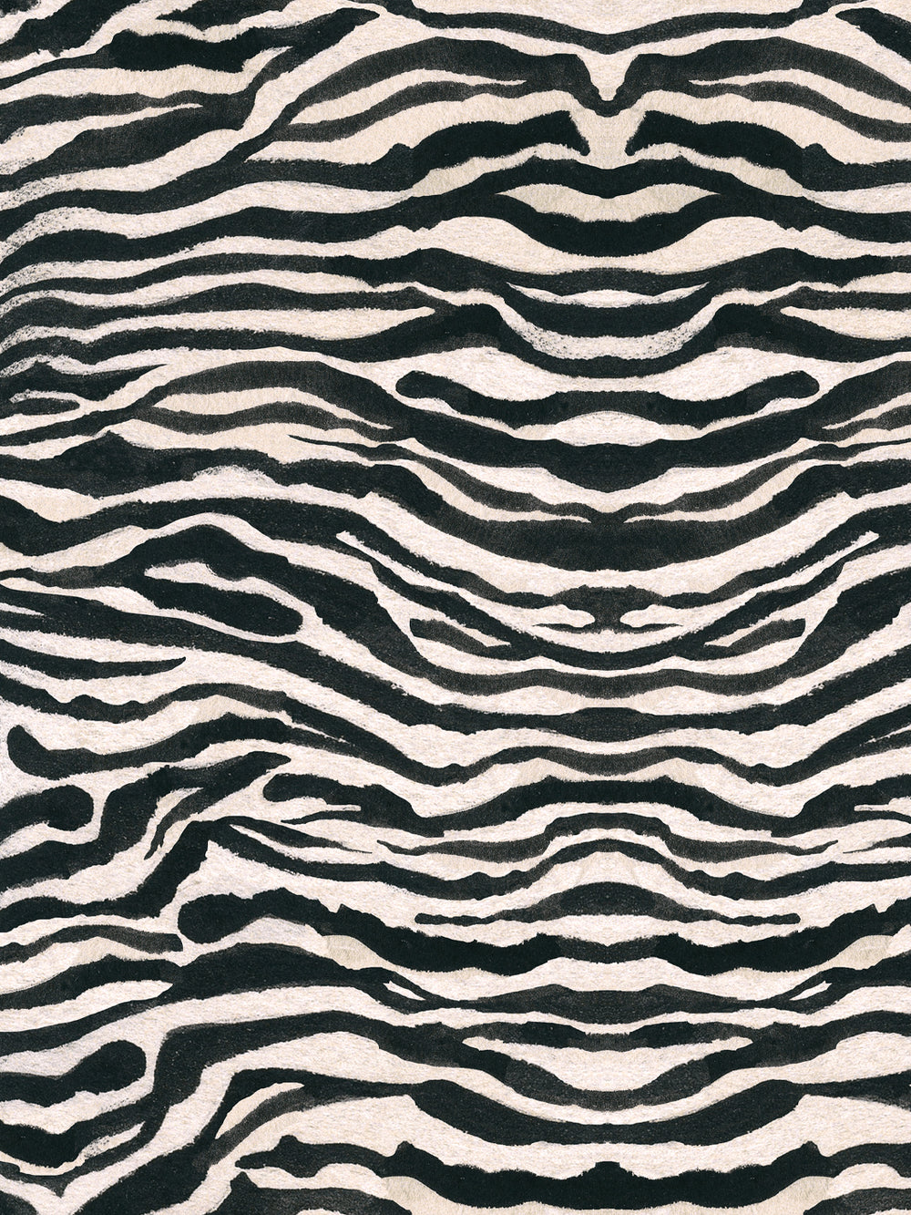 Black and white zebra print wallpaper with wavy stripes, close-up texture