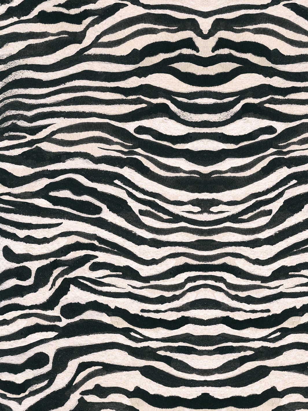 Black and white zebra print wallpaper with wavy stripes, close-up texture