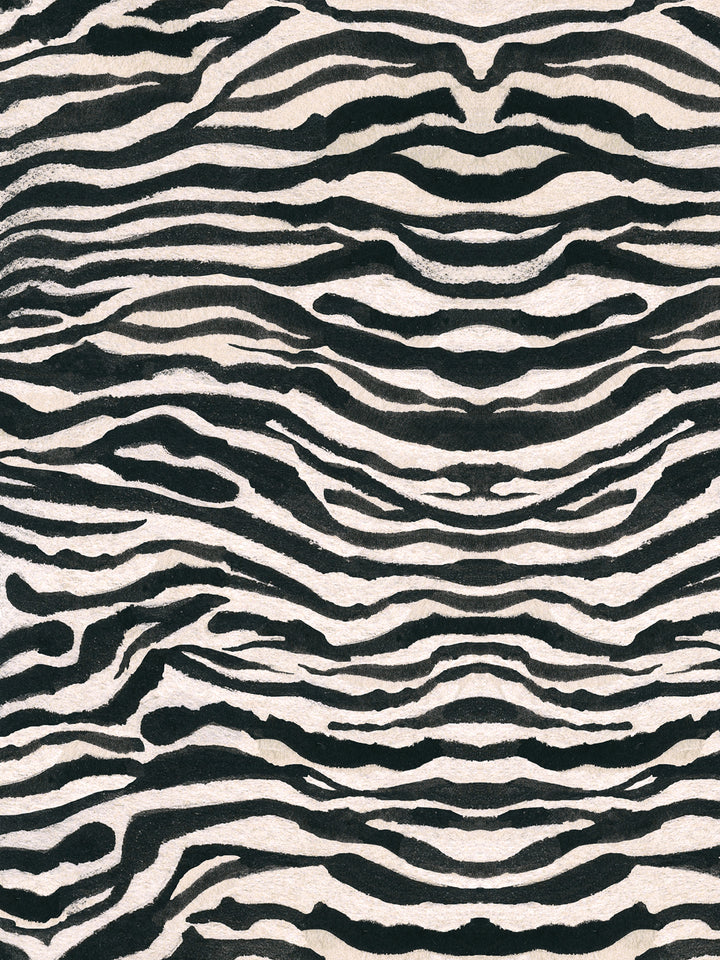 Black and white zebra print wallpaper with wavy stripes, close-up texture