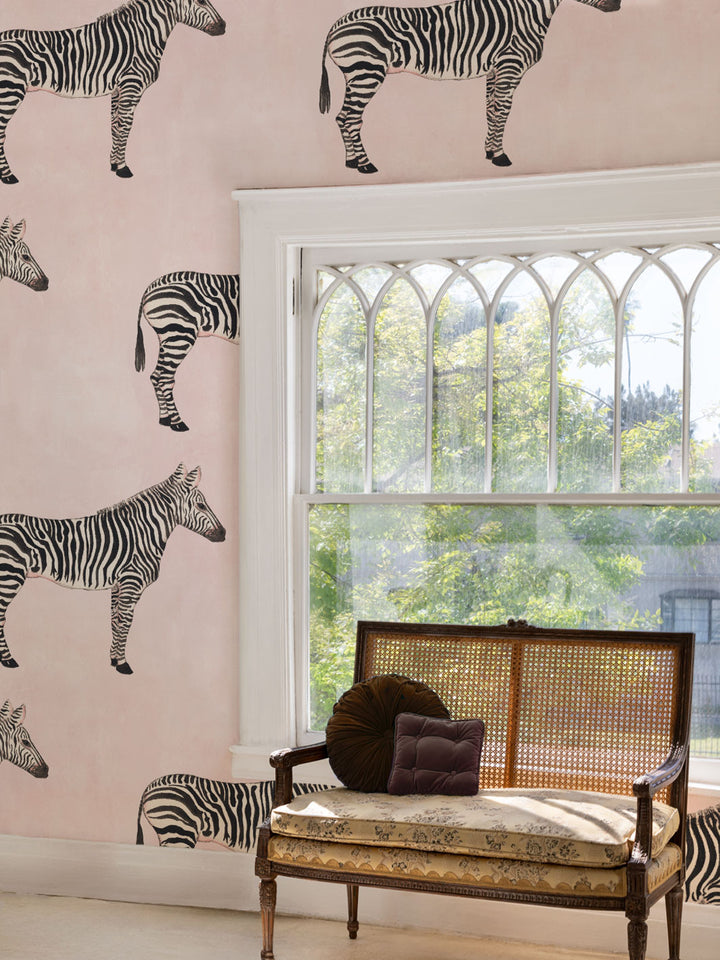 Blush wallpaper with scattered black-and-white zebra heads and bodies pattern