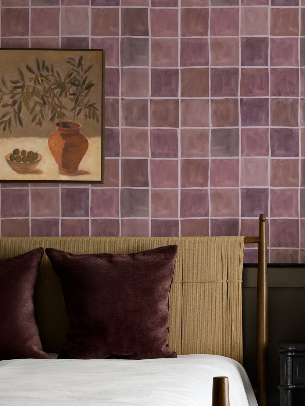 'Zellige' Wallpaper in Copper Mauve - Room Scene