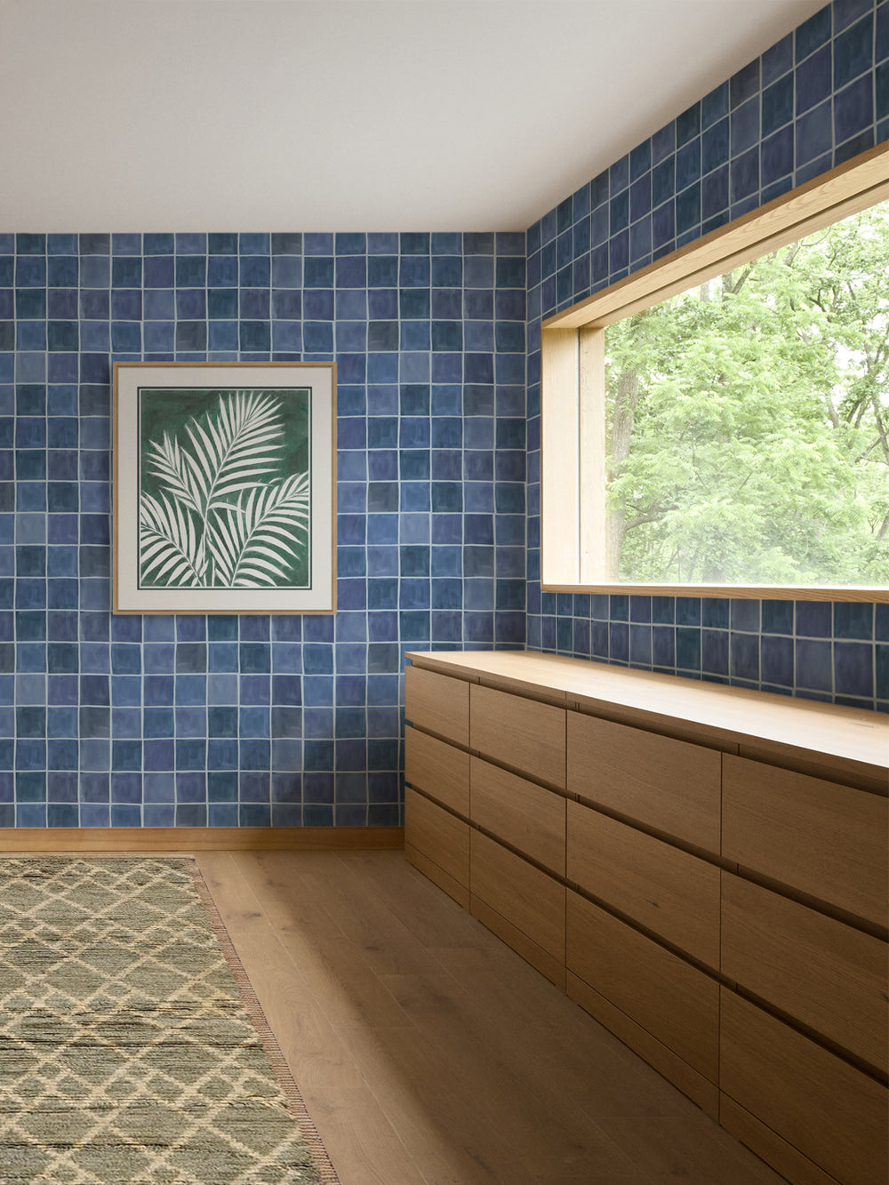 'Zellige' Wallpaper in Mediterranean Blue - Room Scene