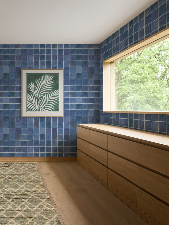 'Zellige' Wallpaper in Mediterranean Blue - Room Scene
