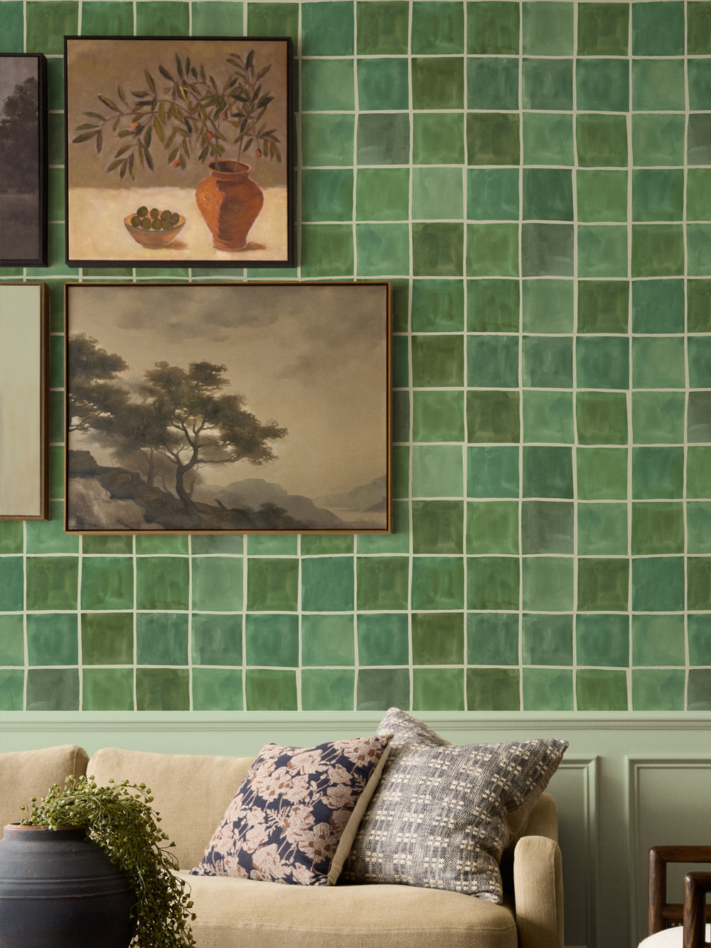 'Zellige' Wallpaper in Olive - Room Scene