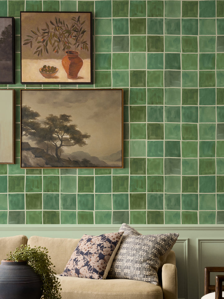 'Zellige' Wallpaper in Olive - Room Scene