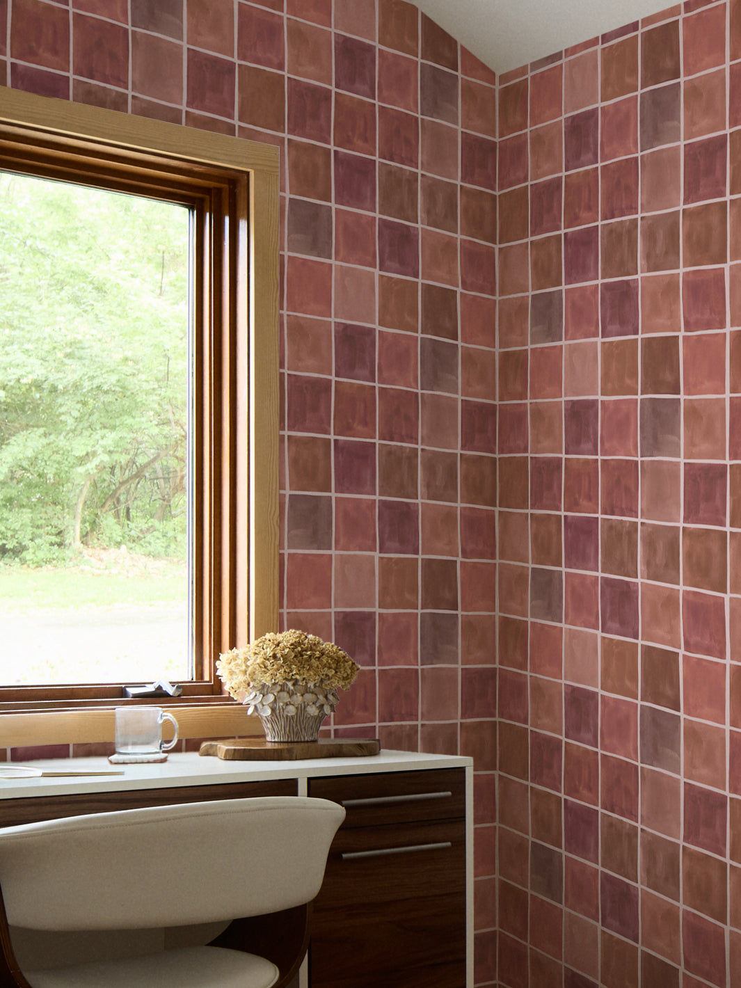 'Zellige' Wallpaper in Terra Rose - Room Scene
