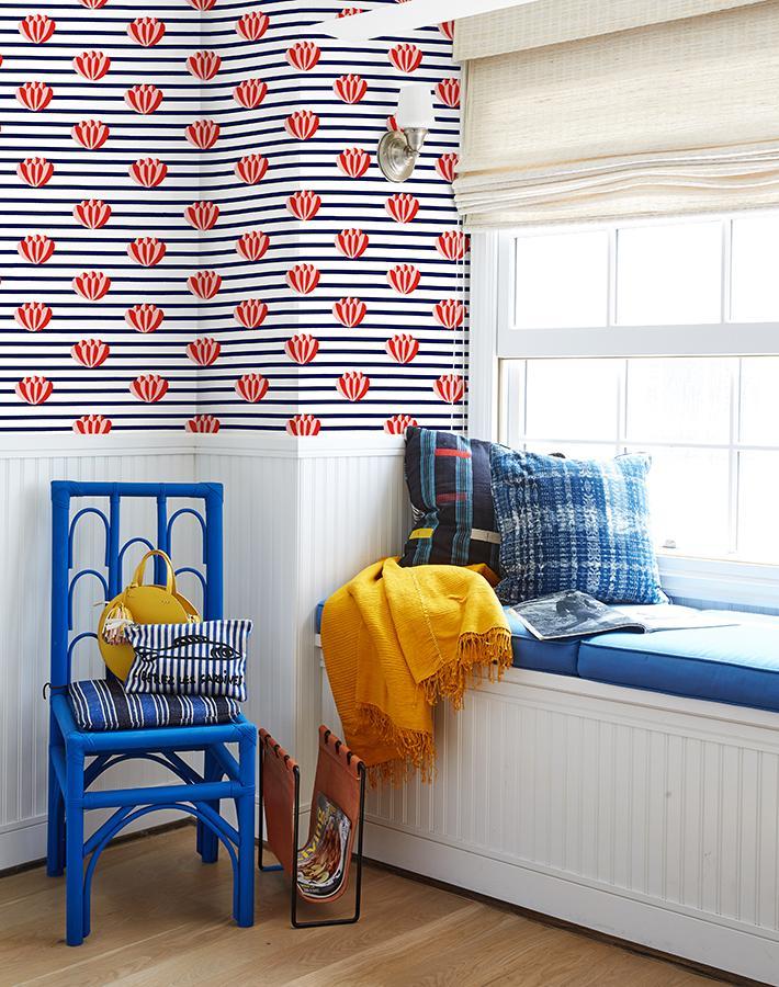 'Lotus Stripe' Wallpaper by Clare V. - Navy