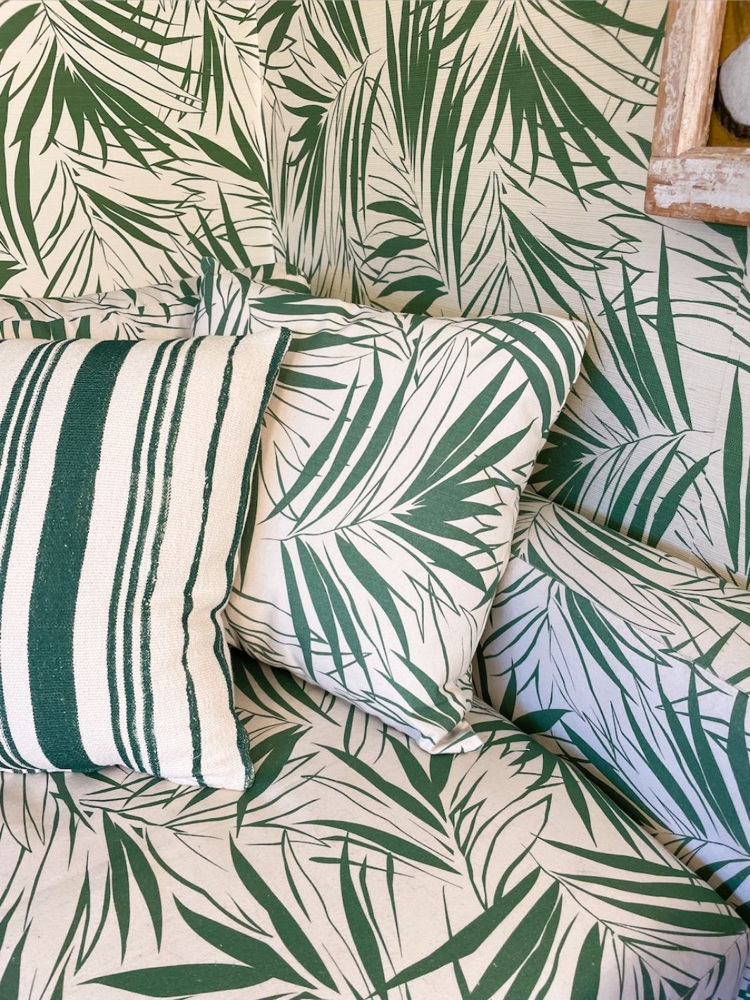 majesty palm throw pillow green on raw canvas