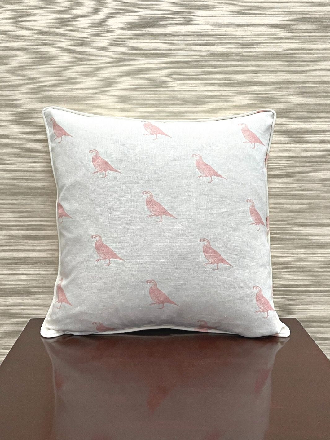 'California Quail' Throw Pillow by Nathan Turner 18x18 - Pink on Linen
