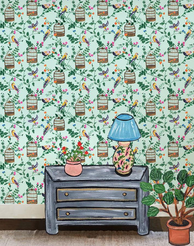 anns garden robins egg wallpaper by carly beck