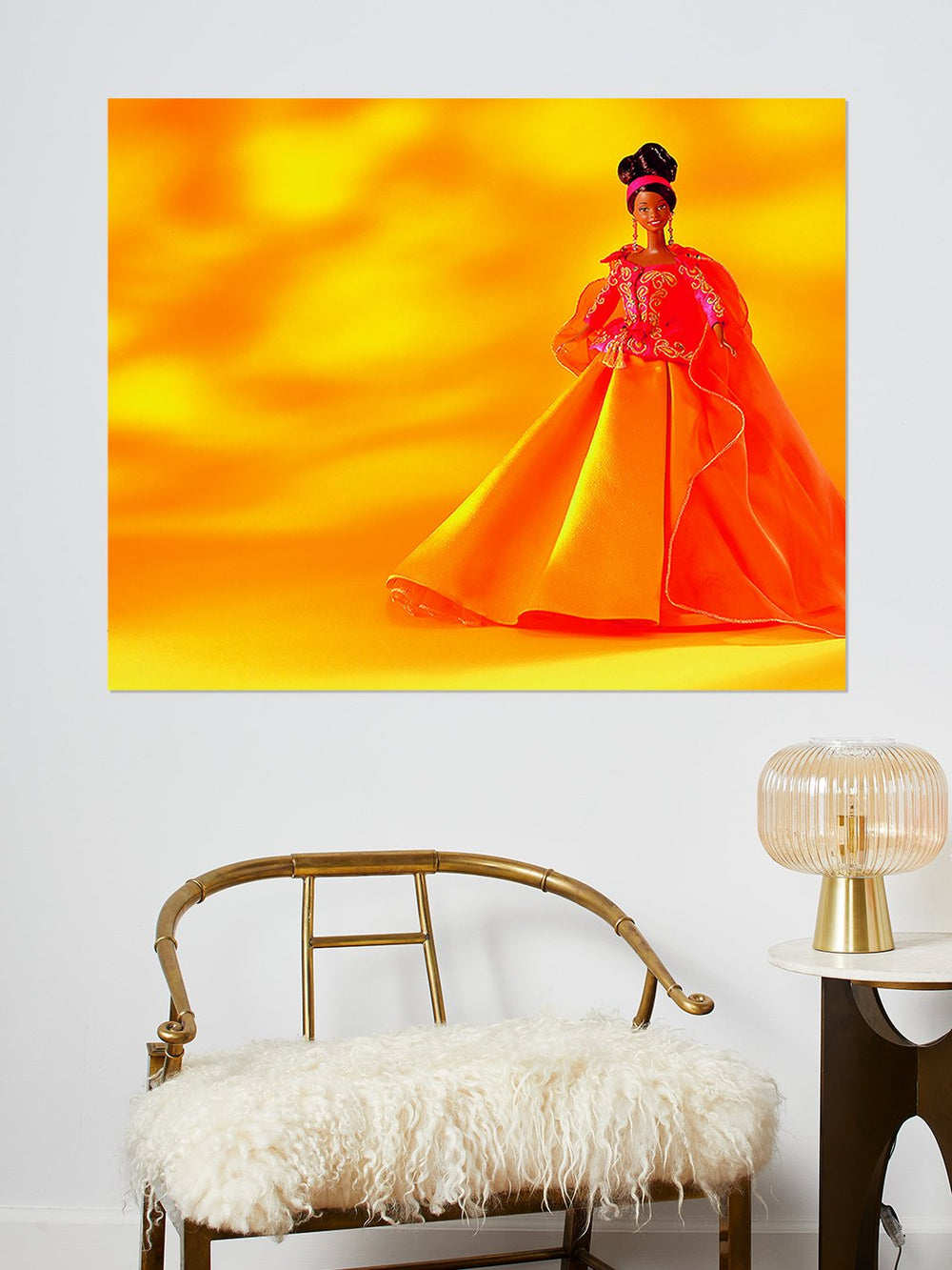 barbie tangerine ball gown on acrylic