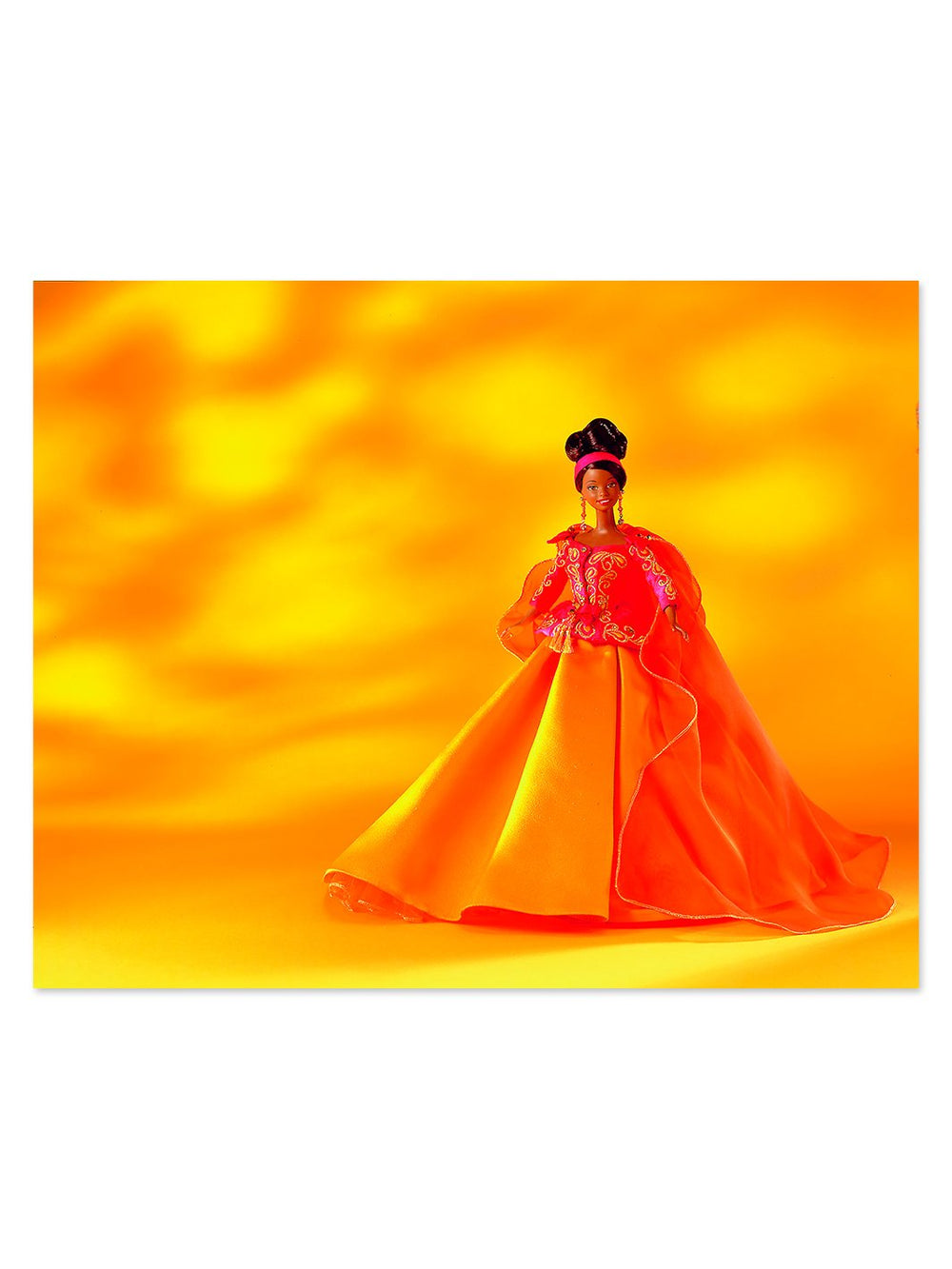 barbie tangerine ball gown on acrylic