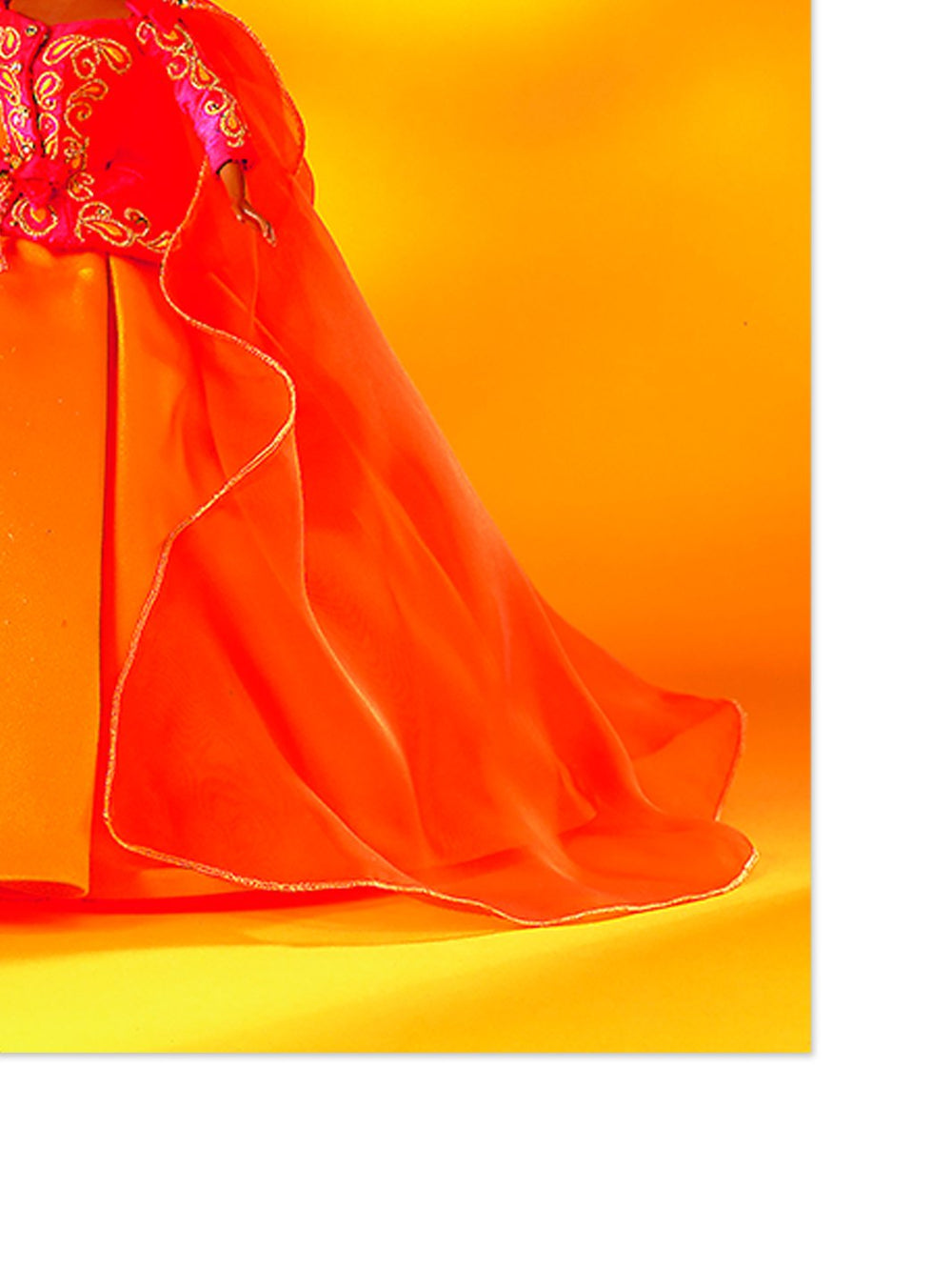 barbie tangerine ball gown on acrylic
