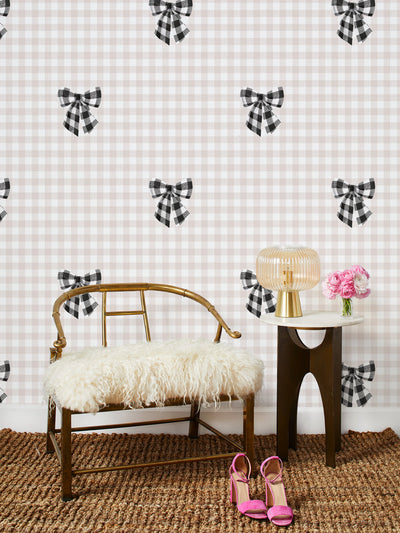 'Barbie™ Gingham Bow' Wallpaper by Barbie™ - Black on Oyster