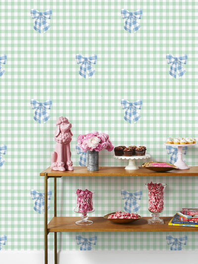 'Barbie™ Gingham Bow' Wallpaper by Barbie™ - Cornflower on Aventurine